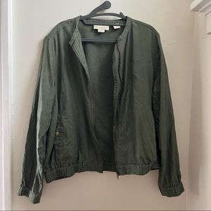Olive Green Linen Bomber Jacket